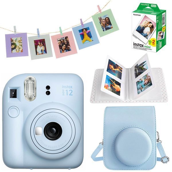 Подарунковий набір камера Fujifilm Instax Mini 12, Фотопапір 20шт, Чохол, Фотоальбом на 64 фото, Набір фоторамок (10 шт) з прищепками Блакитний NAB_MINI12_11_BLUE фото